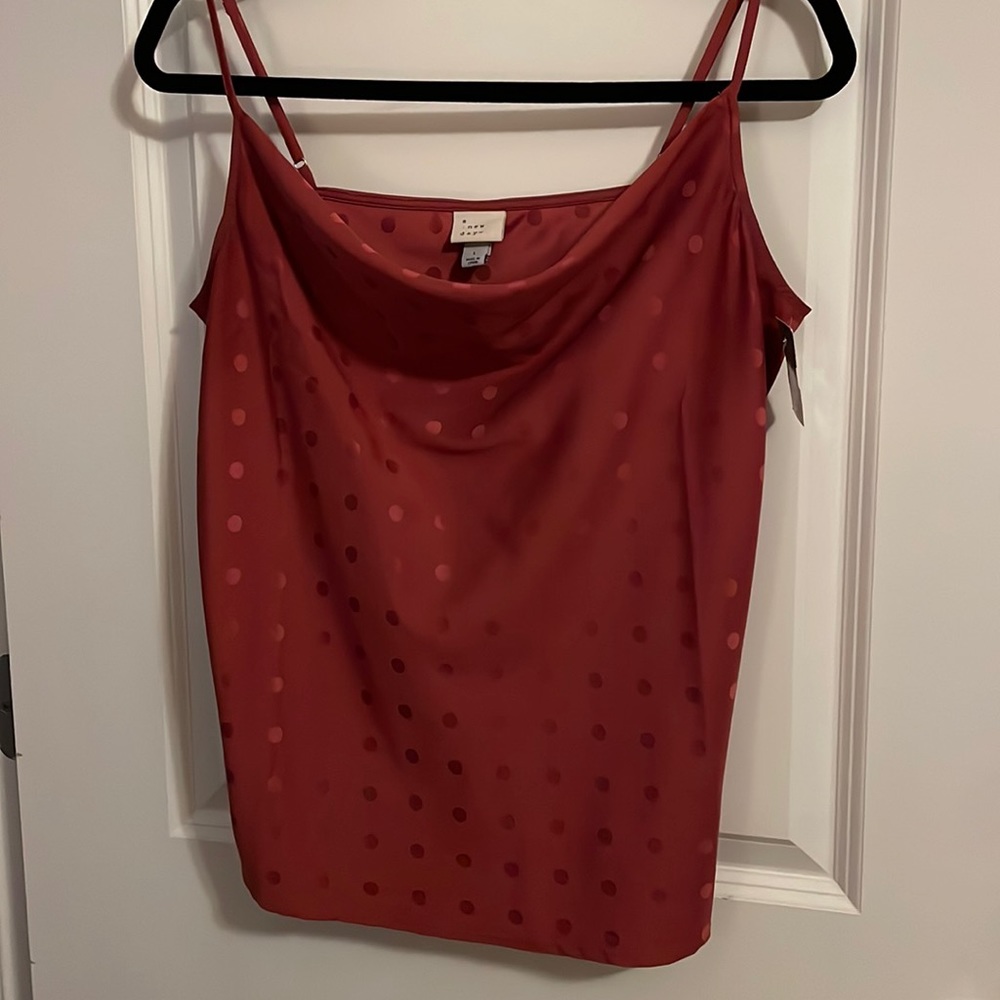 A New Day silky maroon polka dot blouse Large NWT
